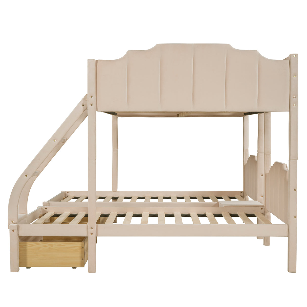 Full Over Twin & Twin Bunk Bed, Velvet Triple Bunk Bed with Drawers and Guardrails, Beige - Home Elegance USA