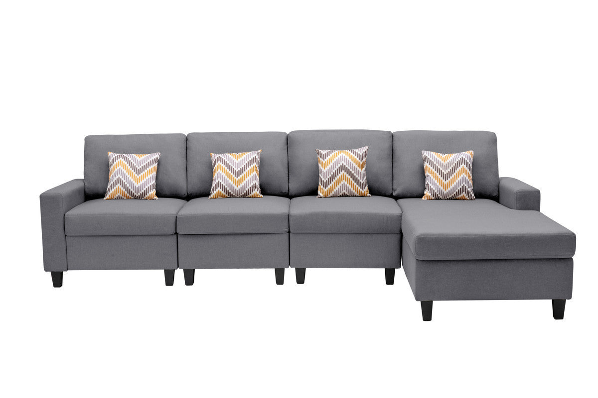 Nolan Gray Linen Fabric 4Pc Reversible Sectional Sofa Chaise with Pillows and Interchangeable Legs - Home Elegance USA