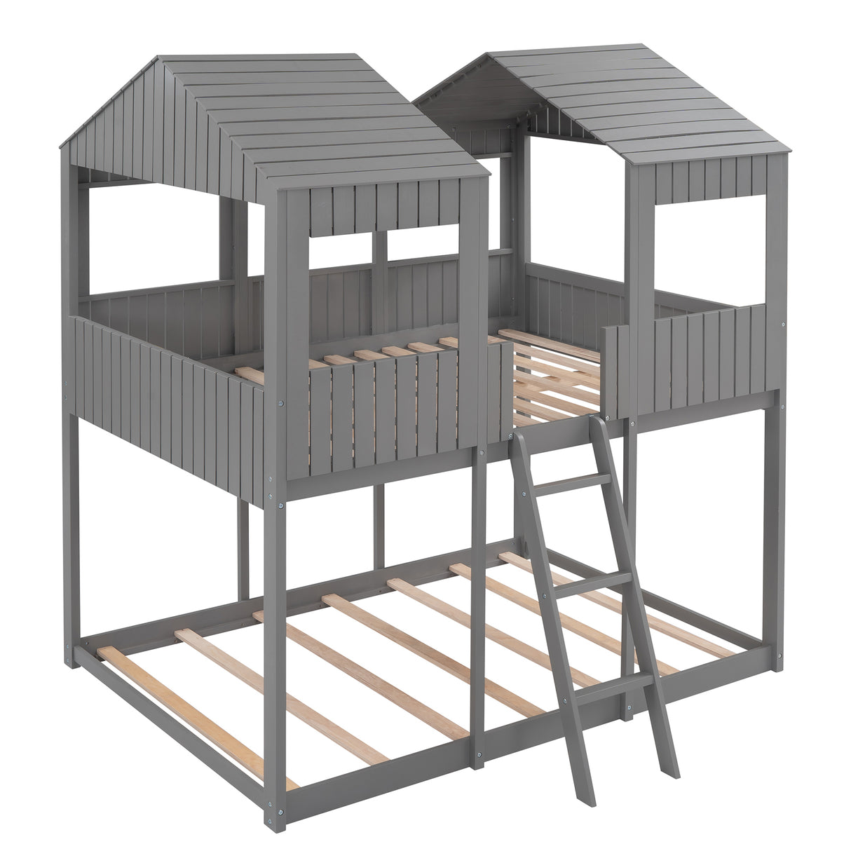 Full Over Full WoodBunk Bed with Roof, Window, Guardrail, Ladder (Gray)( old sku: LP000031AAN ) - Home Elegance USA