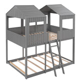 Full Over Full WoodBunk Bed with Roof, Window, Guardrail, Ladder (Gray)( old sku: LP000031AAN ) - Home Elegance USA