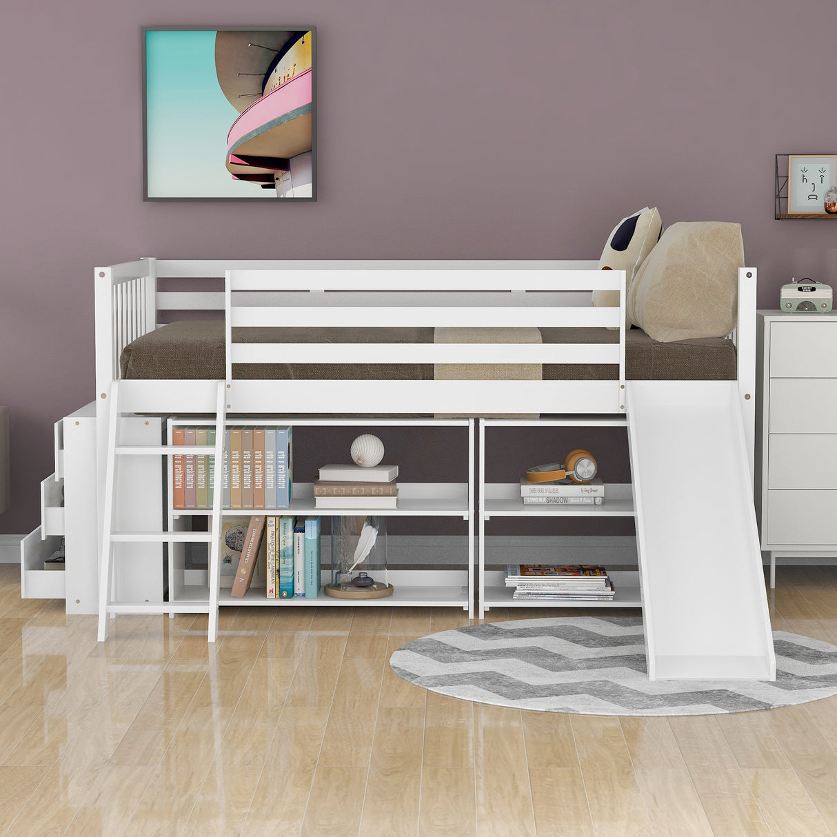 Low Loft Bed with Attached Bookcases and Separate 3-tier Drawers,Convertible Ladder and Slide,Twin,White - Home Elegance USA