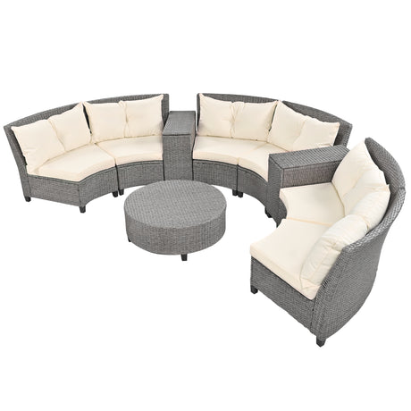 [VIDEO provided]U_Style 6 - Person Fan-shaped Rattan Suit Combination with Cushions and Table,Suitable for Garden