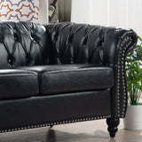 84.65" BLACK PU Rolled Arm Chesterfield Three Seater Sofa. | Home Elegance USA