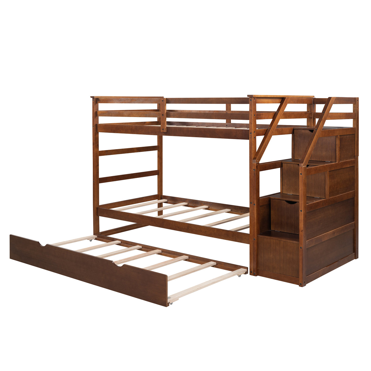 Twin-Over-Twin Bunk Bed with Twin Size Trundle and 3 Storage Stairs,Walnut (OLD SKU :LP000064AAD) - Home Elegance USA