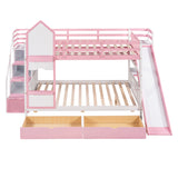 Full-Over-Full Castle Style Bunk Bed with 2 Drawers 3 Shelves and Slide - Pink