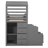 Stairway Twin Over Full Bunk Bed, House Bed with Two Shelves and Seven Drawers,Gray - Home Elegance USA