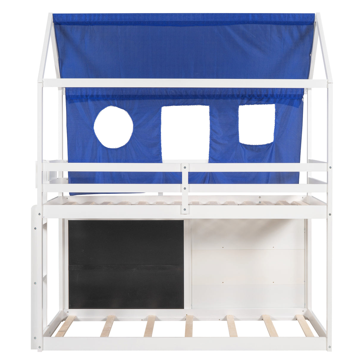 Twin over Twin House Bunk Bed with Blue Tent, Slide, Shelves and Blackboard, White - Home Elegance USA