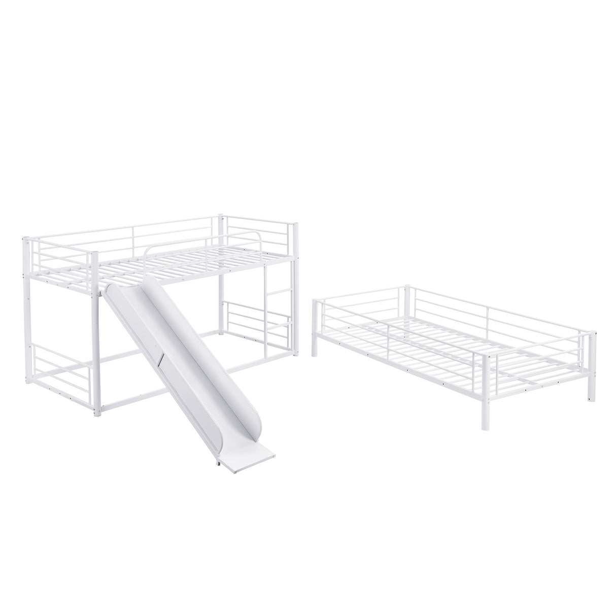 Twin Size Metal Bunk Bed with Ladders and Slide, Divided into Platform and Loft Bed, White - Home Elegance USA