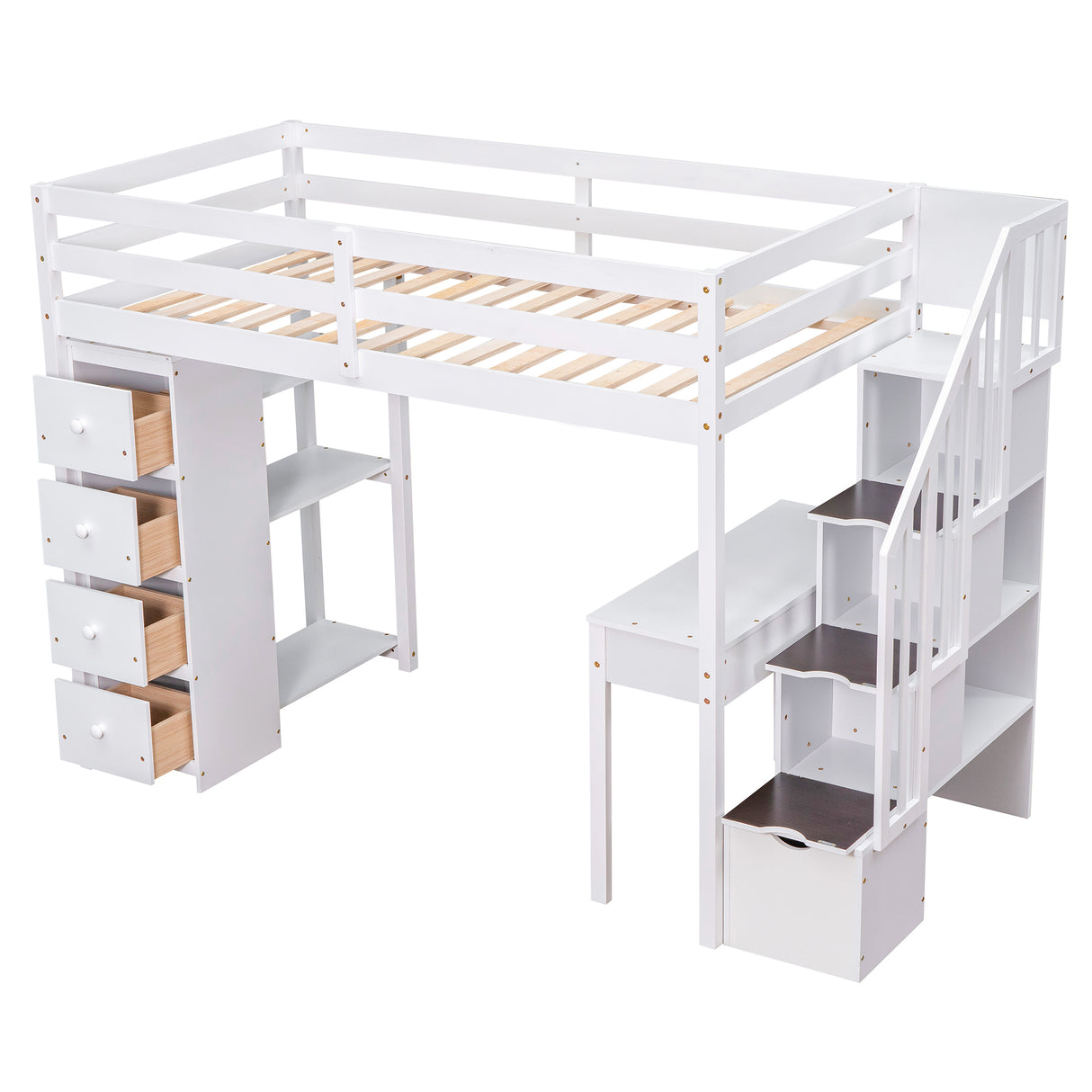 Twin size Loft Bed with Storage Drawers ,Desk and Stairs, Wooden Loft Bed with Shelves - White - Home Elegance USA