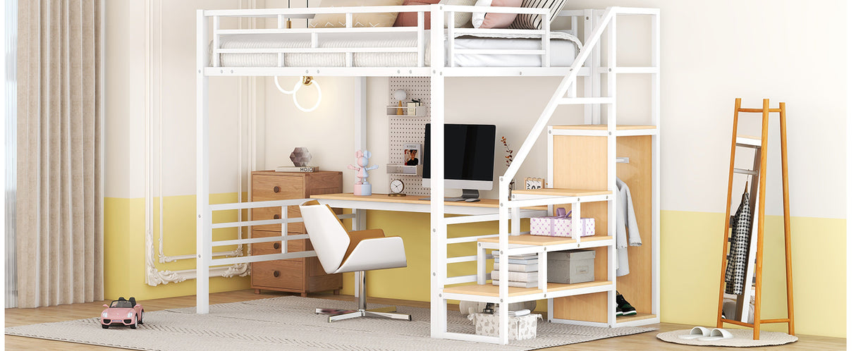 Full Size Metal Loft Bed with Desk, Storage Staircase and Small Wardrobe, Storage stairs can be installed left and right, White - Home Elegance USA