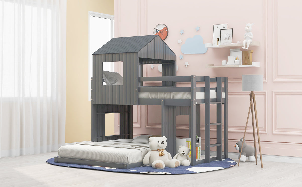 Wooden Twin Over Full Bunk Bed, Loft Bed with Playhouse, Farmhouse, Ladder and Guardrails , Gray( old sku: LP000027AAN ) - Home Elegance USA