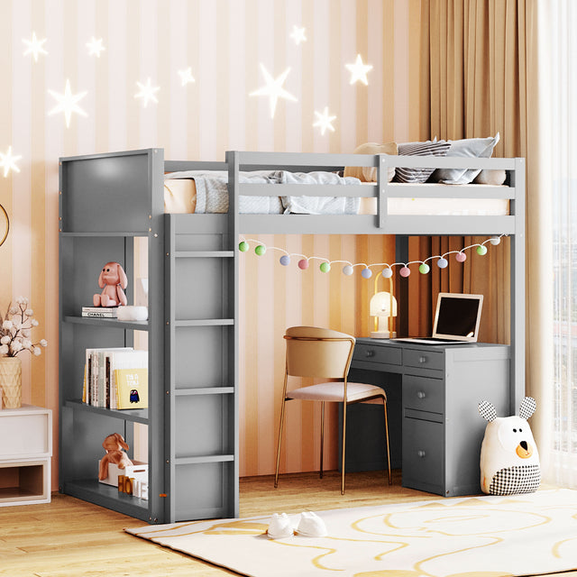 Twin Size Loft Bed with Ladder, Shelves, and Desk, Gray - Home Elegance USA