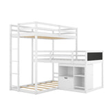 L-shaped Wood Triple Twin Size Bunk Bed with Storage Cabinet and Blackboard, Ladder, White - Home Elegance USA