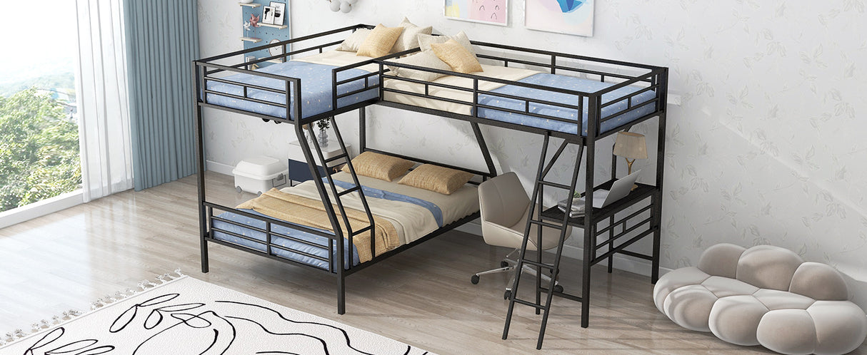 Twin over Full Bunk Bed with a Twin Size Loft Bed attached, with a Desk, Metal, Black - Home Elegance USA