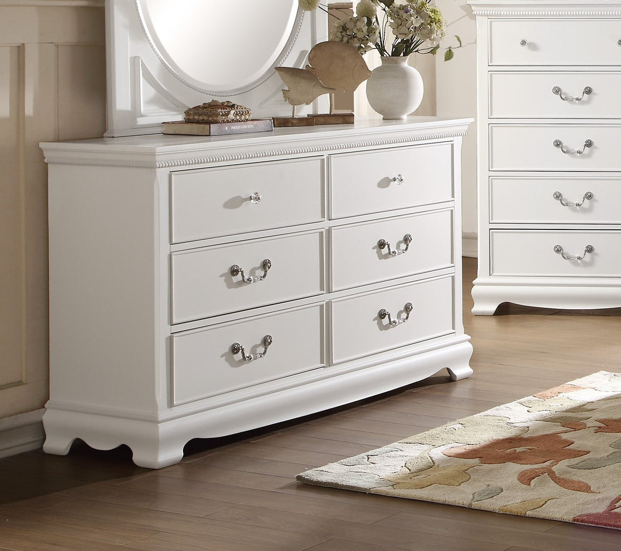 Classic Traditional Style Dresser of 6x Drawers White Finish Bedroom Antique Handles Wooden Furniture - Home Elegance USA