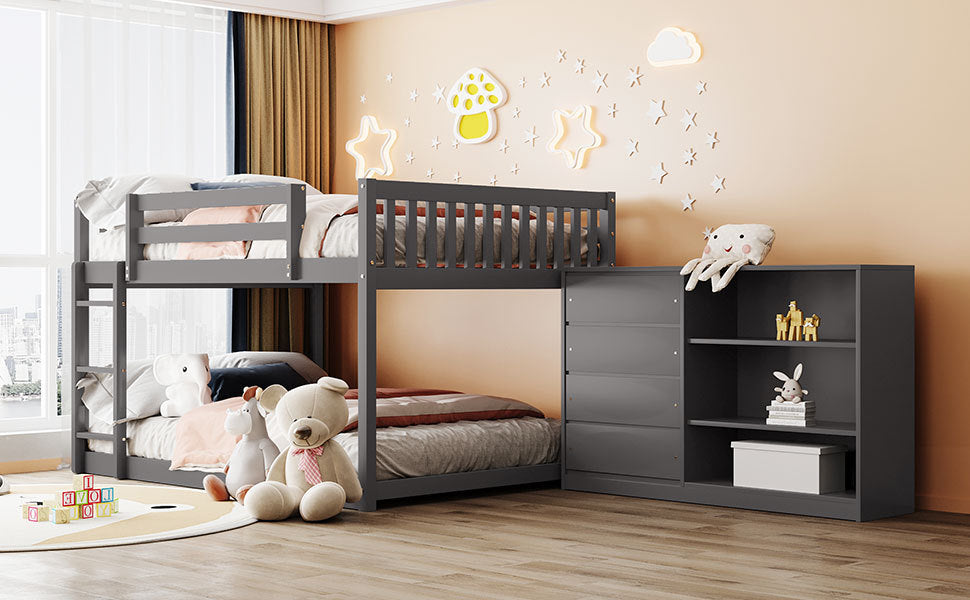 Full over Full Bunk Bed with 4 Drawers and 3 Shelves-Gray - Home Elegance USA