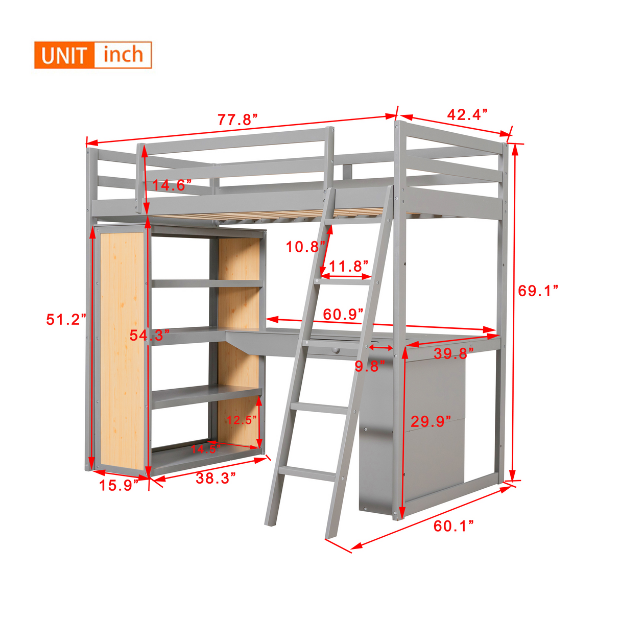 Twin Size Loft Bed with Ladder, Shelves, and Desk, Gray - Home Elegance USA