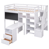 Twin Size Loft Bed with Pullable Desk and Storage Shelves,Staircase and Blackboard,White - Home Elegance USA