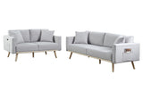 Easton Light Gray Linen Fabric Sofa Loveseat Living Room Set with USB Charging Ports Pockets & Pillows Home Elegance USA