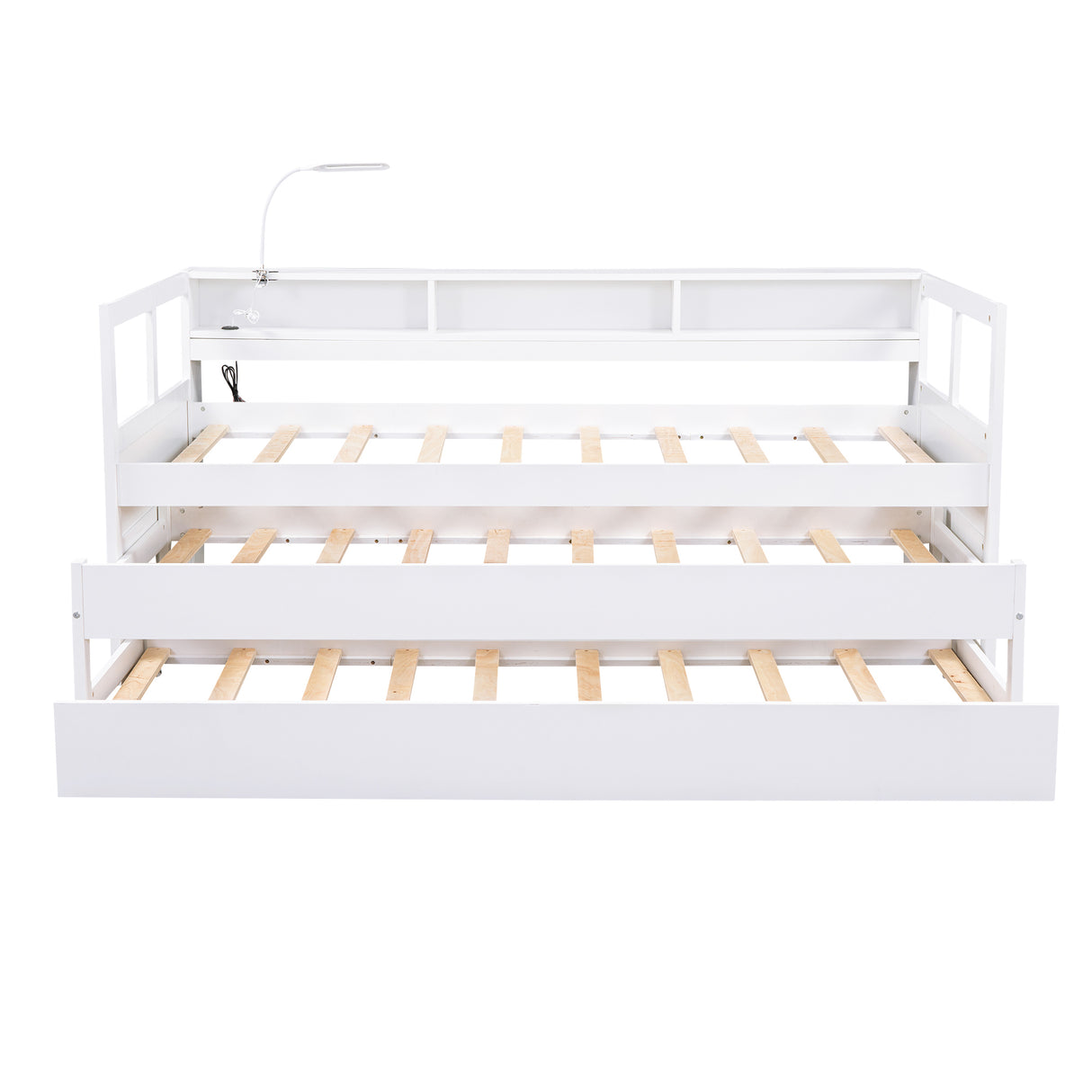 Twin XL Wood Daybed with 2 Trundles, 3 Storage Cubbies, 1 Light for Free and USB Charging Design, White - Home Elegance USA