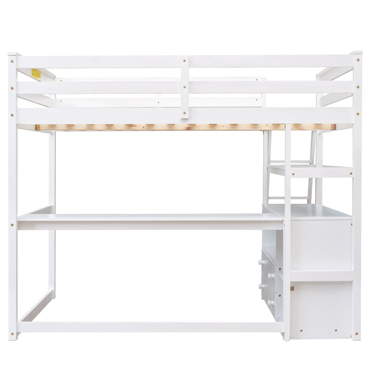 Full Size Loft Bed with Desk and Shelves,Two Built-in Drawers,White - Home Elegance USA