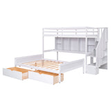 Twin XL over Full Bunk Bed with Built-in Storage Shelves, Drawers and Staircase,White - Home Elegance USA