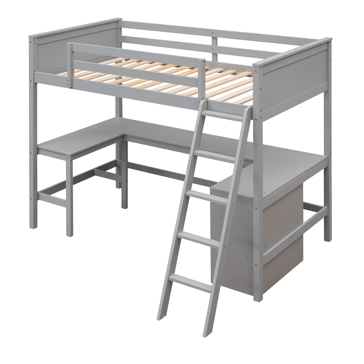 Twin size Loft Bed with Shelves and Desk, Wooden Loft Bed with Desk - Gray(OLD SKU:LT000537AAE) - Home Elegance USA