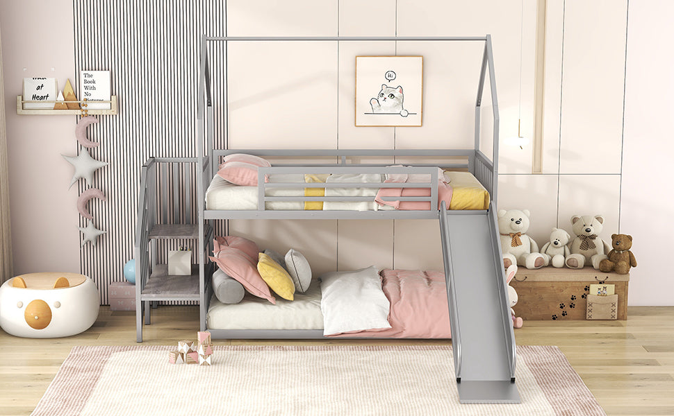 Twin over Twin Metal Bunk Bed House Bed with Slide and Staircase, Silver - Home Elegance USA