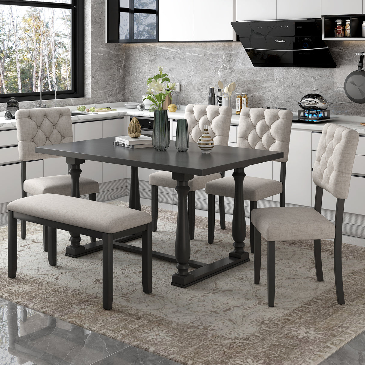 TREXM 6-Piece Dining Table and Chair Set with Special-shaped Legs and Foam-covered Seat Backs&Cushions for Dining Room (Gary) - Home Elegance USA