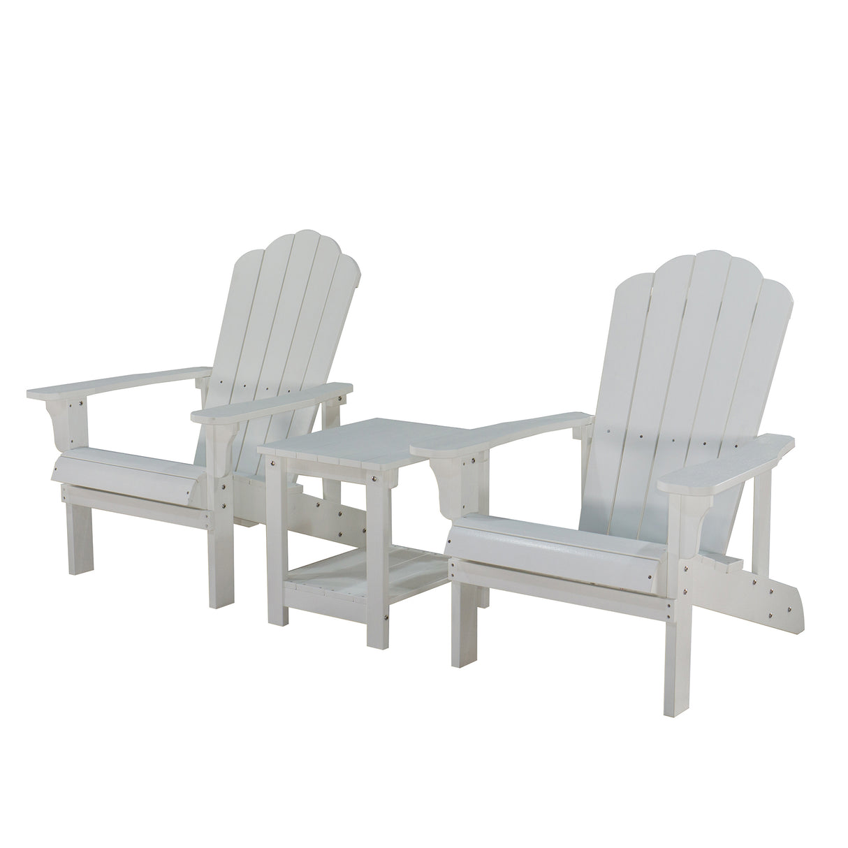 Key West 3 Piece Outdoor Patio All-Weather Plastic Wood Adirondack Bistro Set, 2 Adirondack chairs, and 1 small, side, end table set for Deck, Backyards, Garden, Lawns, Poolside, and Beaches, White