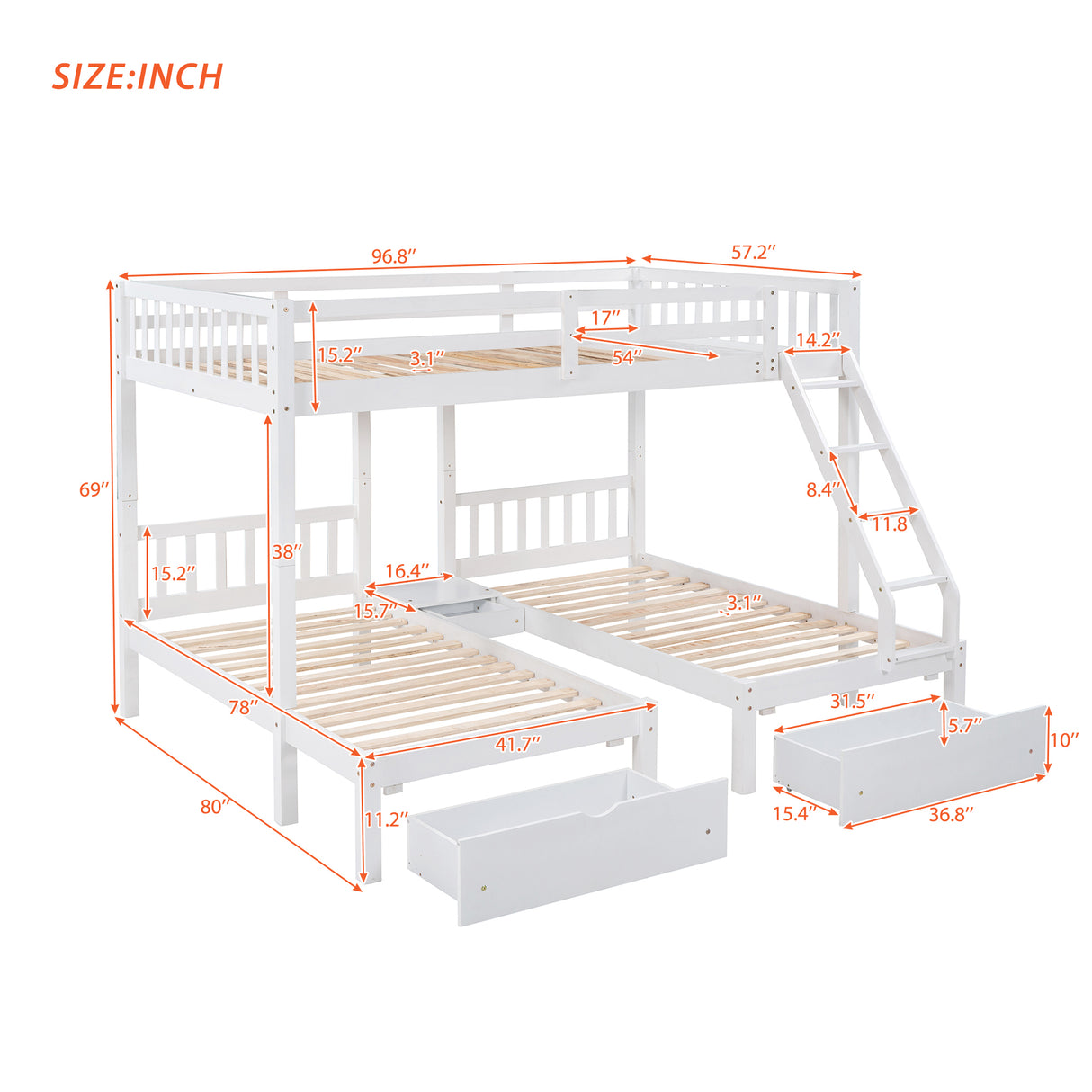 Full Over Twin & Twin Bunk Bed, Wood Triple Bunk Bed with Drawers and Guardrails, White (OLD SKU: LP000143AAK) - Home Elegance USA