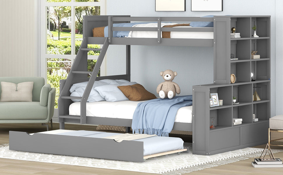 Twin over Full Bunk Bed with Trundle and Shelves, can be Separated into Three Separate Platform Beds, Gray - Home Elegance USA