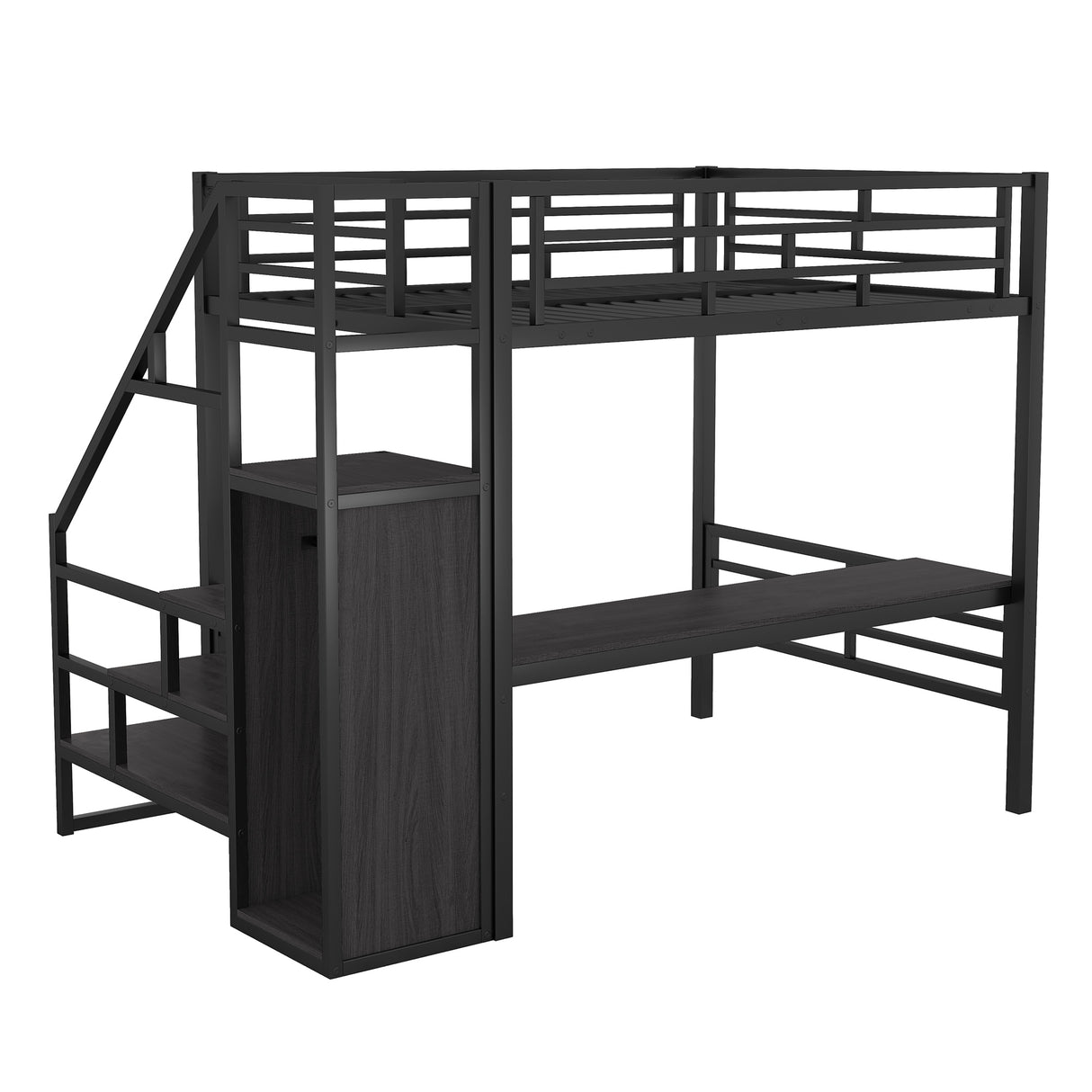 Full Size Metal Loft Bed with Desk, Storage Staircase and Small Wardrobe, Storage stairs can be installed left and right,Black - Home Elegance USA