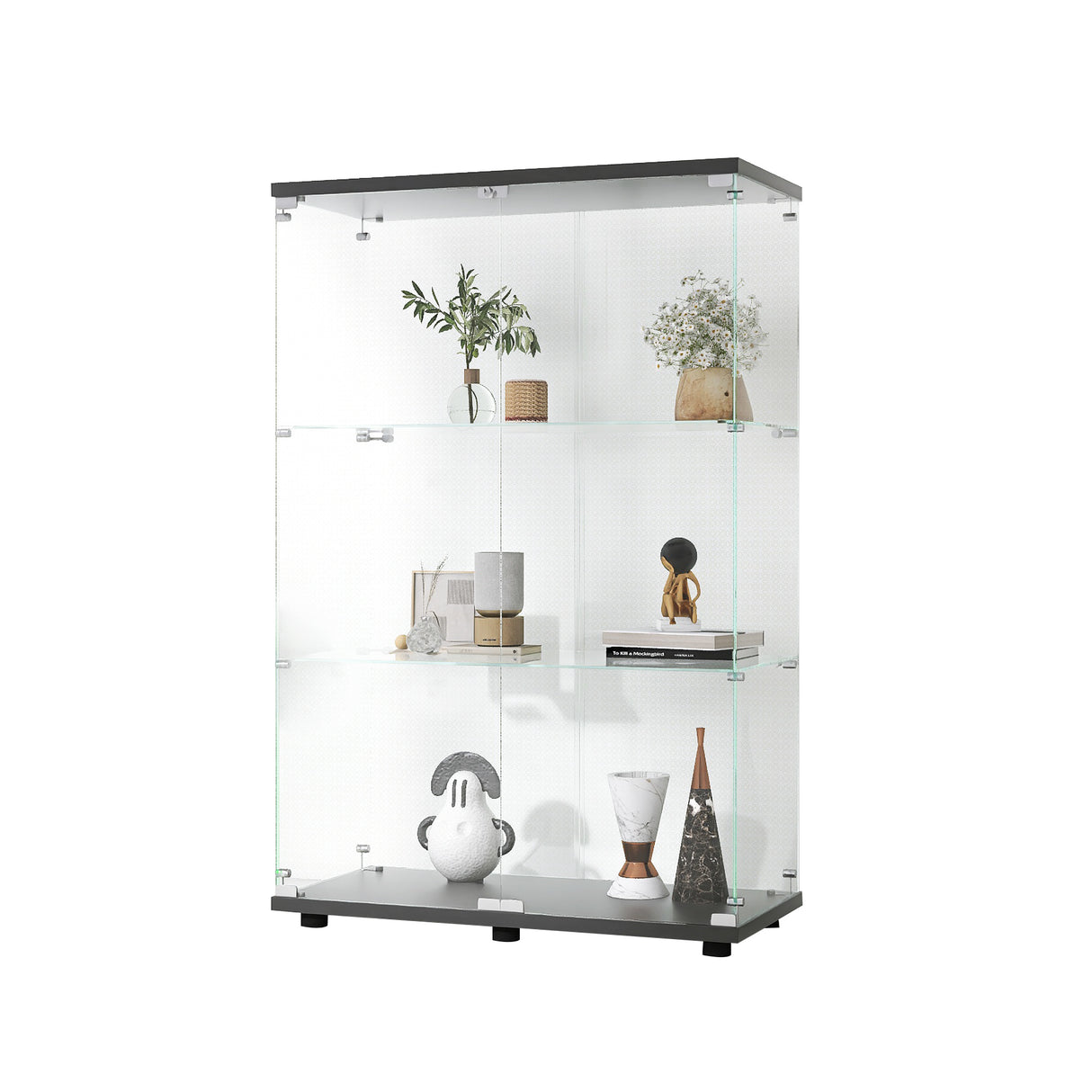 Two-door Glass Display Cabinet 3 Shelves with Door, Floor Standing Curio Bookshelf for Living Room Bedroom Office, 49.3"*31.7"*14.3",Black Home Elegance USA