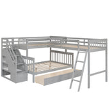 Twin over Full L-Shaped Bunk Bed With 3 Drawers, Ladder and Staircase - Gray - Home Elegance USA