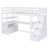 Twin Size Loft Bed with Desk and Shelves, Two Built-in Drawers, Storage Staircase, White