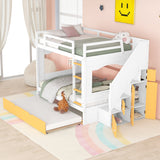 Full Over Full Bunk Bed with Trundle ,Stairs,Ladders Solid Wood Bunk bed with Storage Cabinet （White + Yellow） - Home Elegance USA