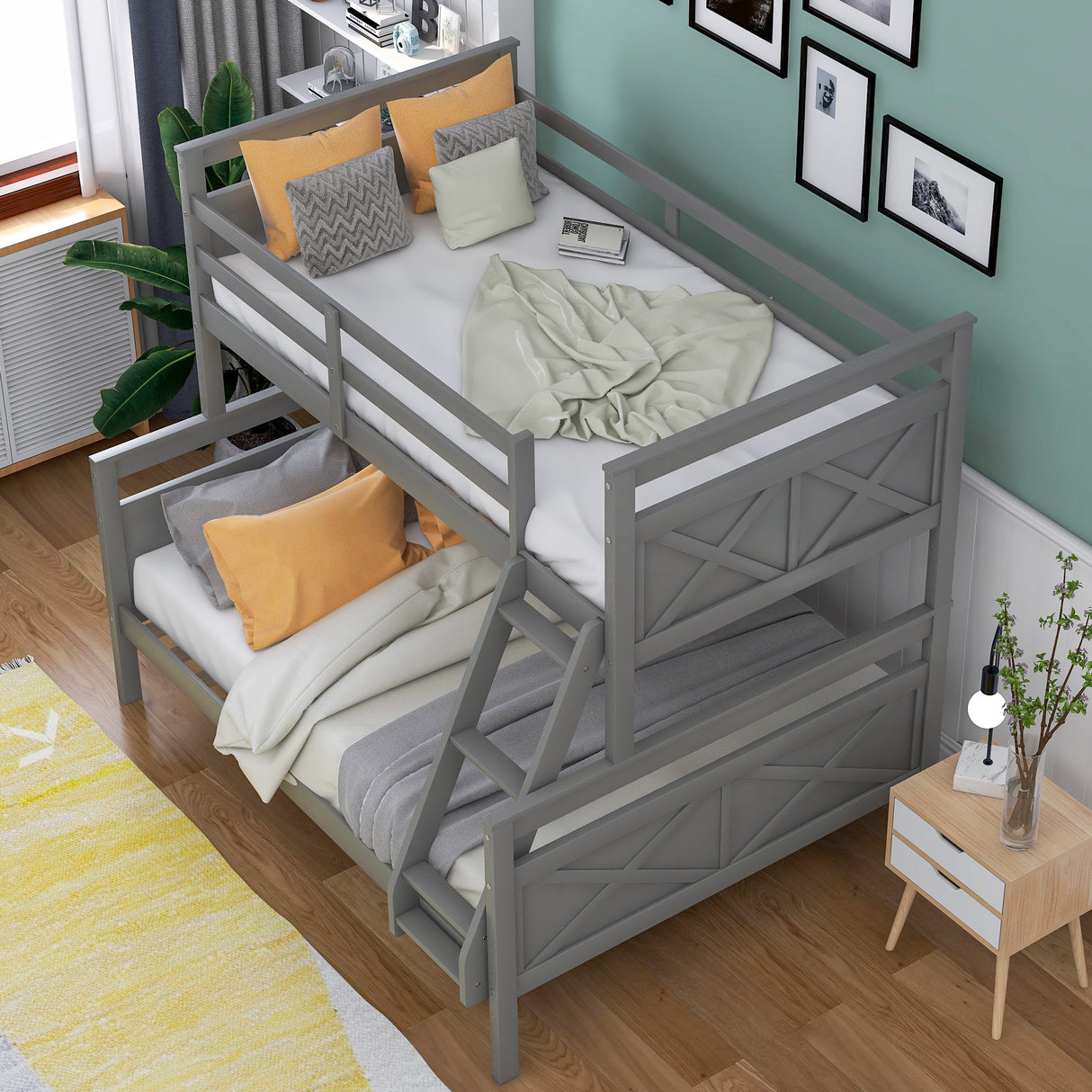 Twin over Full Bunk Bed with ladder, Safety Guardrail, Perfect for Bedroom, Gray - Home Elegance USA