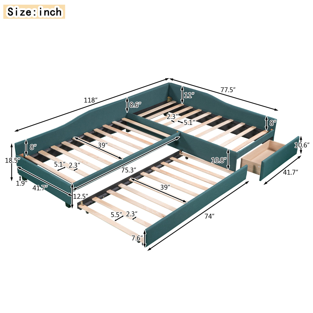 Upholstered Double Twin Size Daybed with Trundle and Drawer, Green