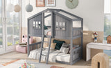 Twin Over Twin House Bunk Bed With Ladder, Wood Bed-Gray - Home Elegance USA