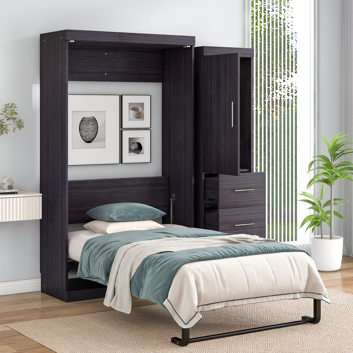 Twin Size Murphy Bed with Wardrobe and Drawers, Storage Bed, can be Folded into a Cabinet, Gray - Home Elegance USA