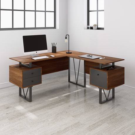 Techni Mobili Reversible L-Shape Computer Desk with Drawers and File Cabinet, Walnut - Home Elegance USA