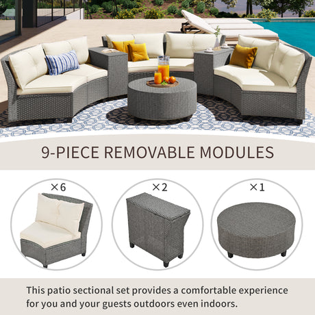 [VIDEO provided]U_Style 6 - Person Fan-shaped Rattan Suit Combination with Cushions and Table,Suitable for Garden