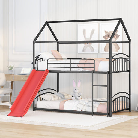 Twin Over Twin Metal Bunk Bed With Slide,Kids House Bed Black+Red - Home Elegance USA