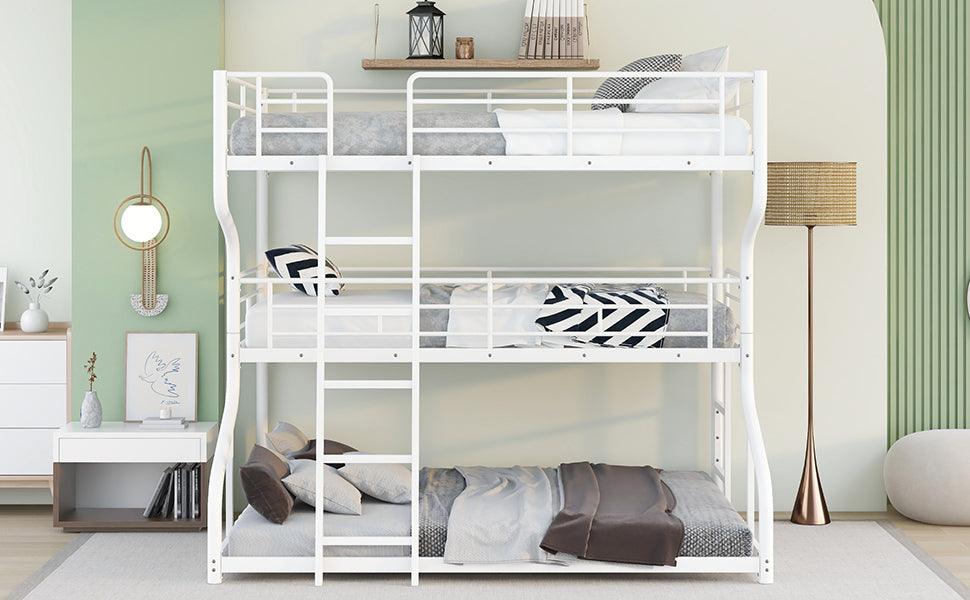 Full XL over Twin XL over Queen Size Triple Bunk Bed with Long and Short Ladder,White - Home Elegance USA