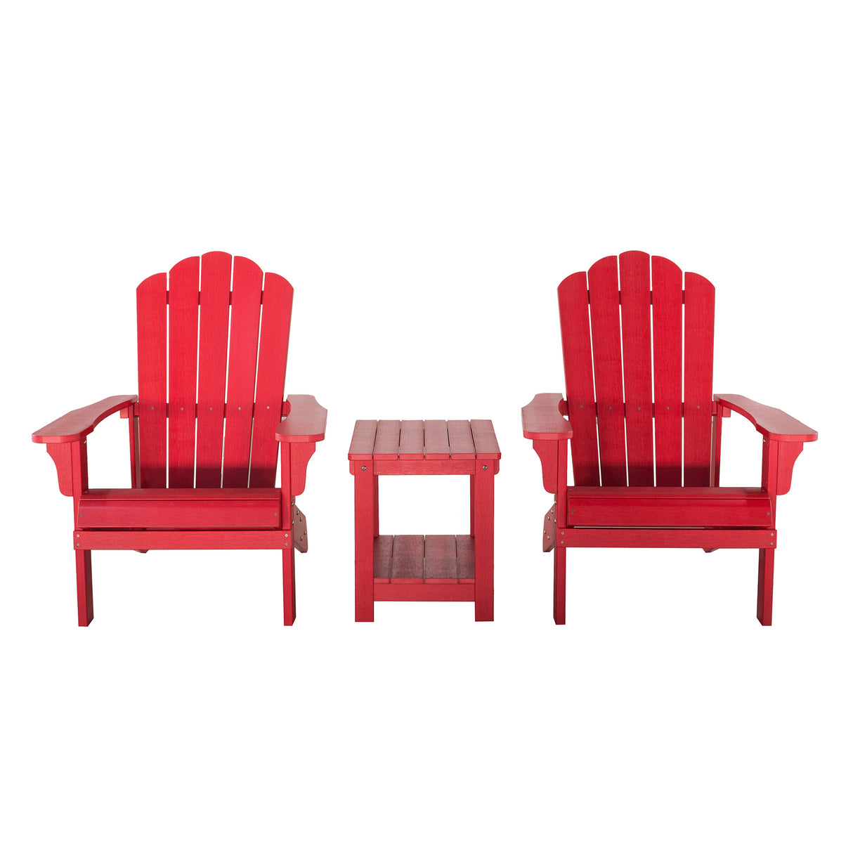 Key West 3 Piece Outdoor Patio All-Weather Plastic Wood Adirondack Bistro Set, 2 Adirondack chairs, and 1 small, side, end table set for Deck, Backyards, Garden, Lawns, Poolside, and Beaches, Red