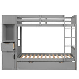 Twin Size Bunk Bed with Trundle and Attached Multifunctional Locker,Gray - Home Elegance USA