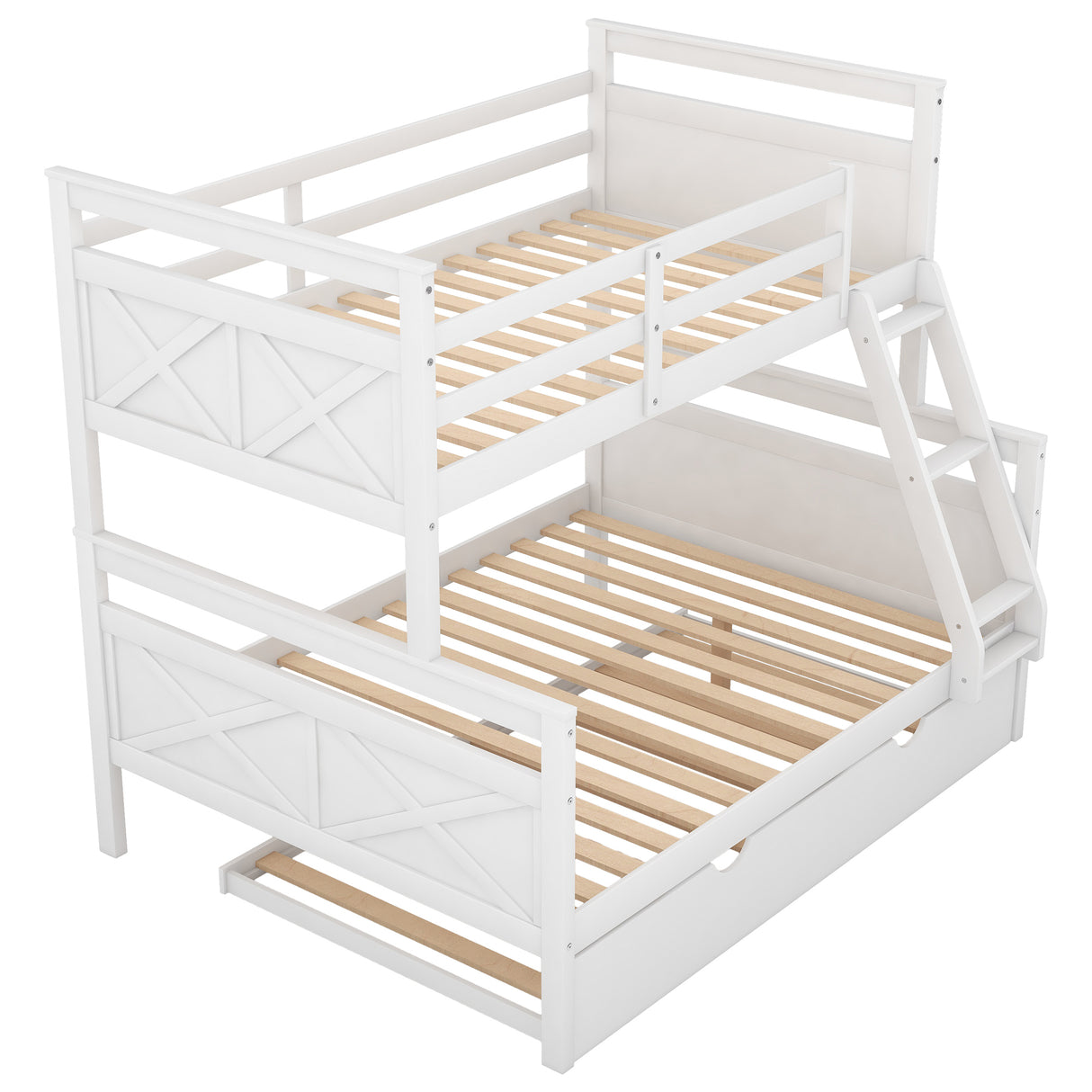 Twin over Full Bunk Bed with Ladder, Twin Size Trundle, Safety Guardrail, White - Home Elegance USA