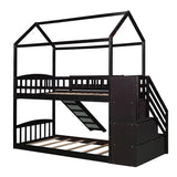 Twin Over Twin Bunk Bed with Drawers and Slide, House Bed with Slide,Espresso(OLD SKU :LP000215AAP) - Home Elegance USA