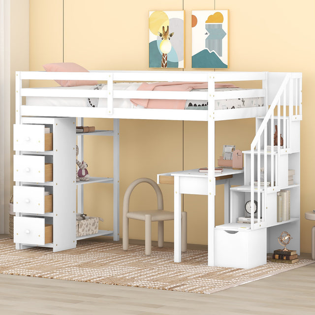 Twin size Loft Bed with Storage Drawers ,Desk and Stairs, Wooden Loft Bed with Shelves - White - Home Elegance USA